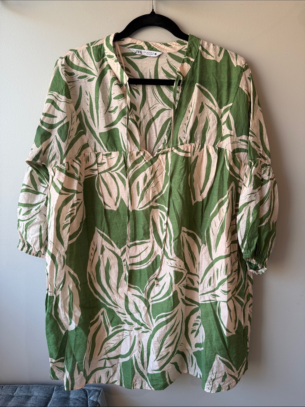Zara Green and Cream Leaf Print lined Tunic mini dress size M